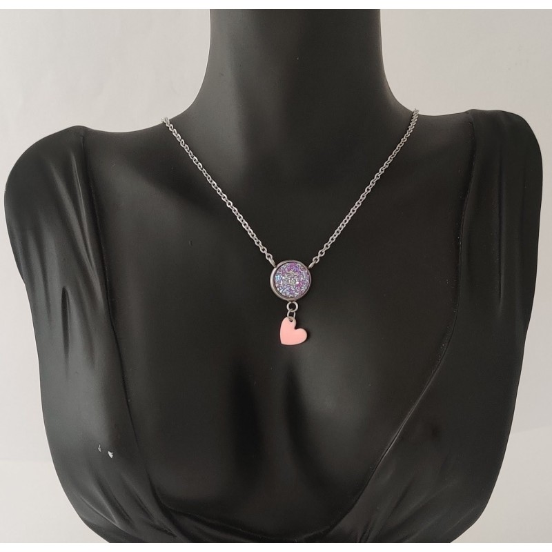 Collier rose pailleté coeur