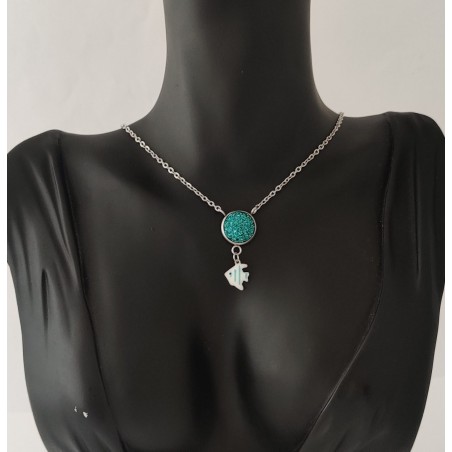 Collier bleu canard pailleté poisson